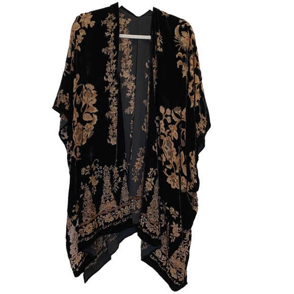 Signals Black Gold Tan Burnout Floral Soft Velvet Poncho Kimono 18 One Size - Picture 4 of 12
